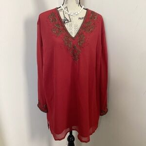 Women’s Burgundy Chiffon  Tunic Beaded Earthy Rhinestones VNeck LS Boho Blouse